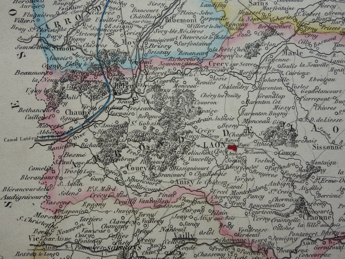 Old map AISNE department France from 1856 original antique hand-colored map Laon Soissons Saint-Quentin