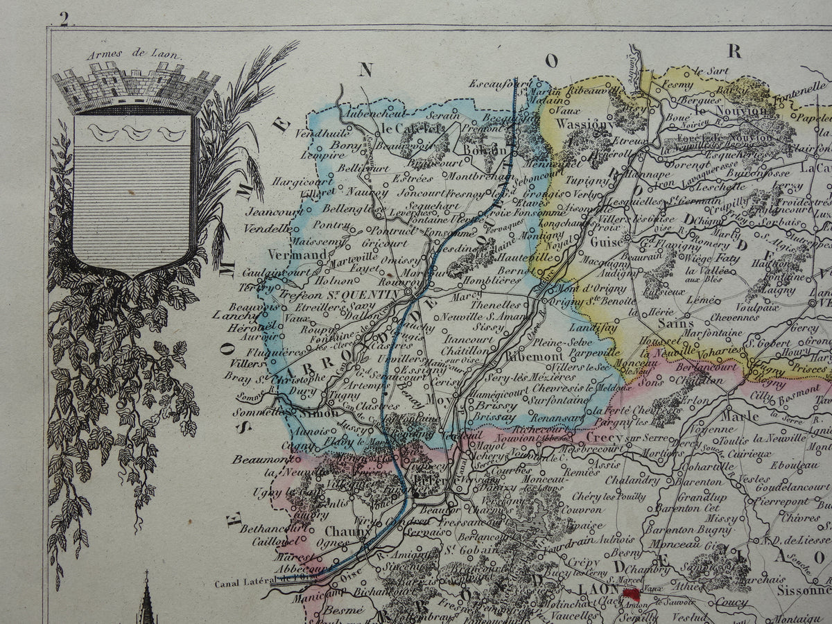 Old map AISNE department France from 1856 original antique hand-colored map Laon Soissons Saint-Quentin