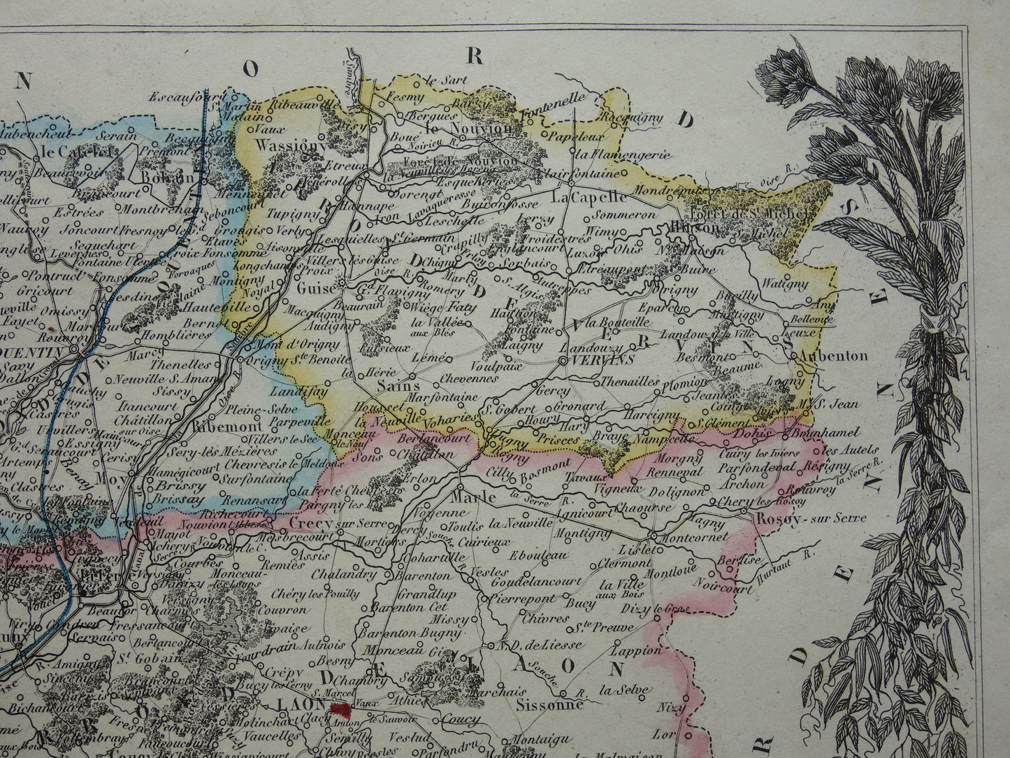Oude kaart AISNE departement Frankrijk uit 1856 originele antieke handgekleurde landkaart Laon Soissons Saint-Quentin