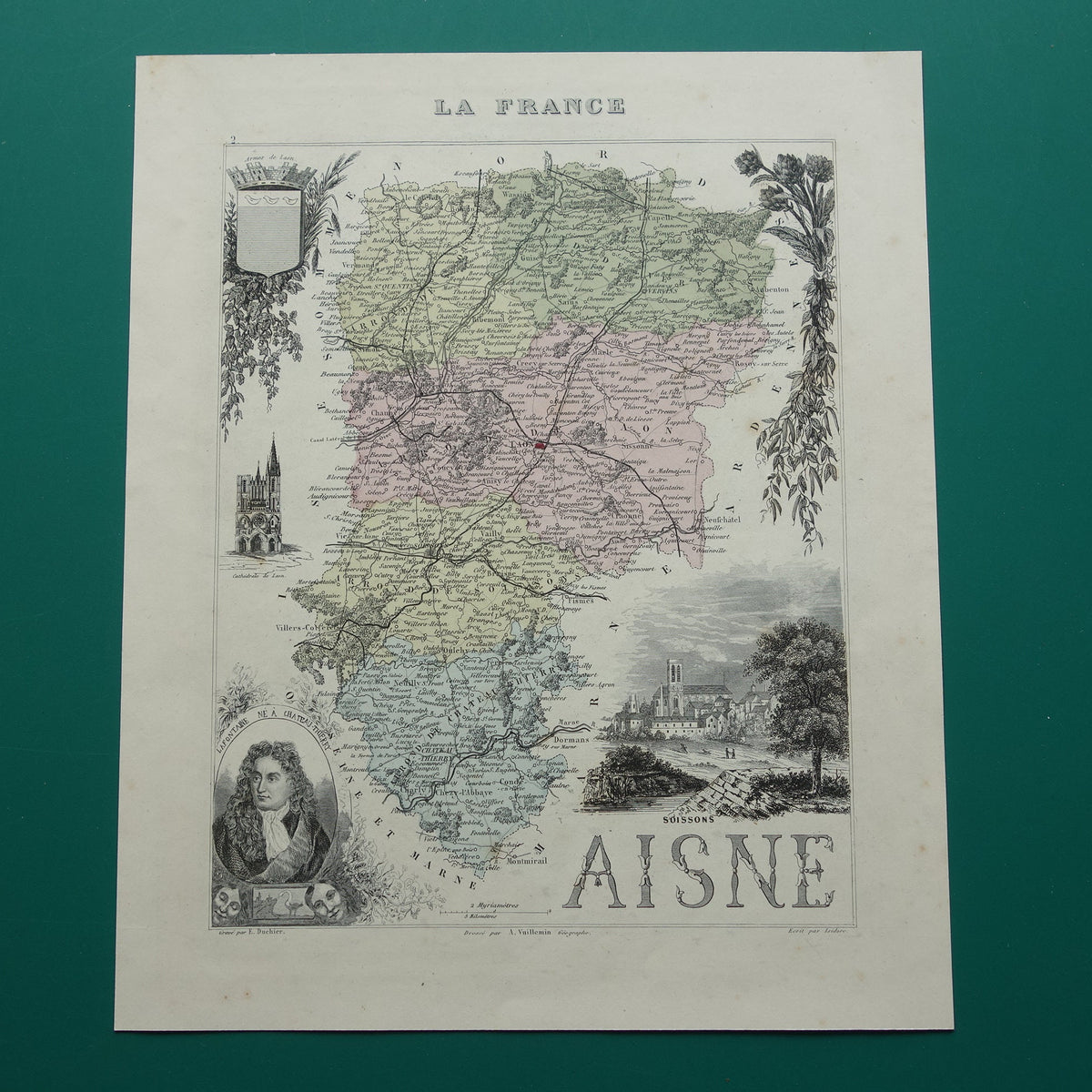 Oude kaart AISNE departement Frankrijk uit 1870 originele antieke handgekleurde landkaart Laon Soissons Saint-Quentin