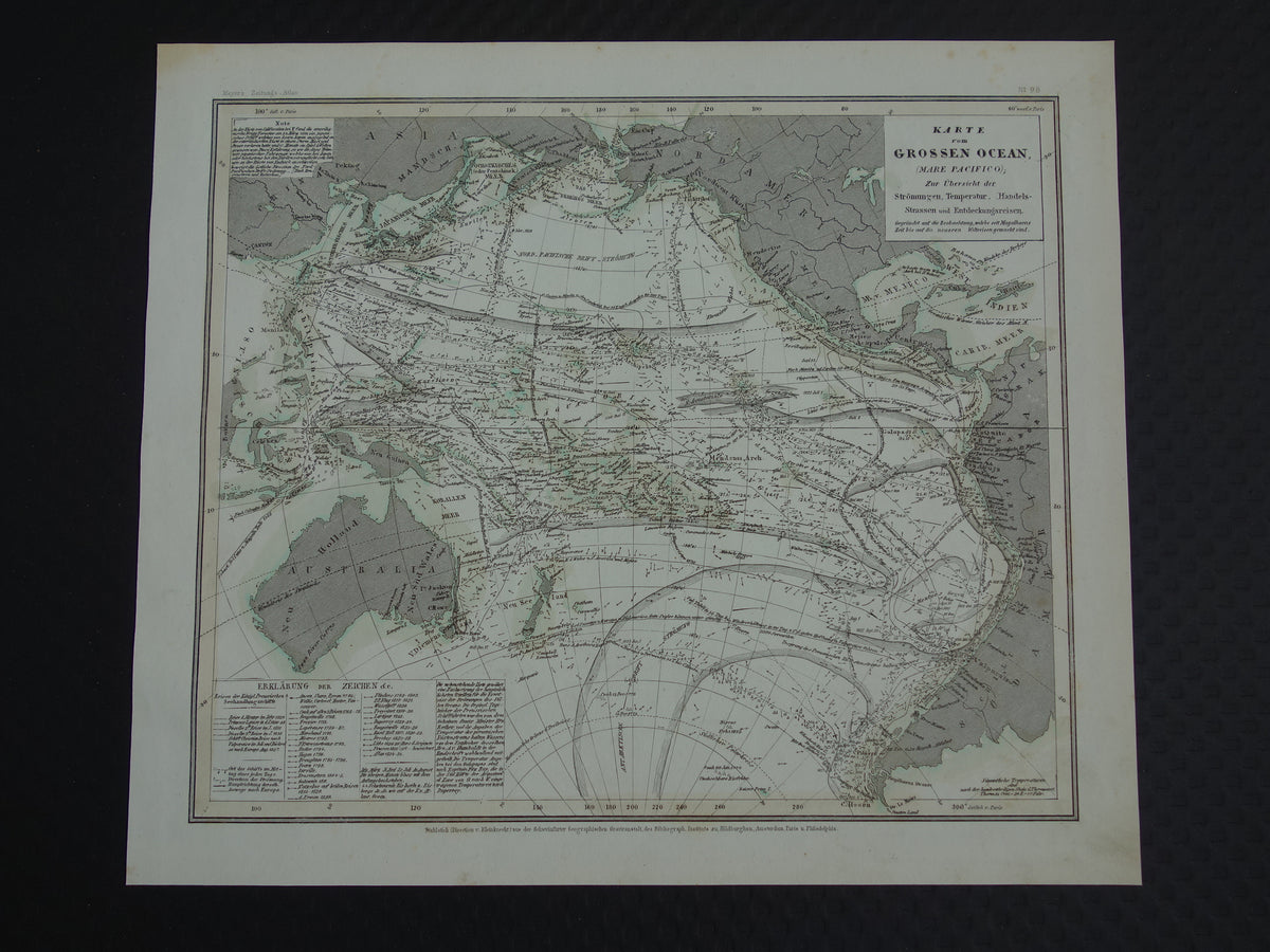 Antieke kaart van de Grote Oceaan Originele 170+ jaar oude antieke Duitse landkaart zeekaart Stille Oceaan