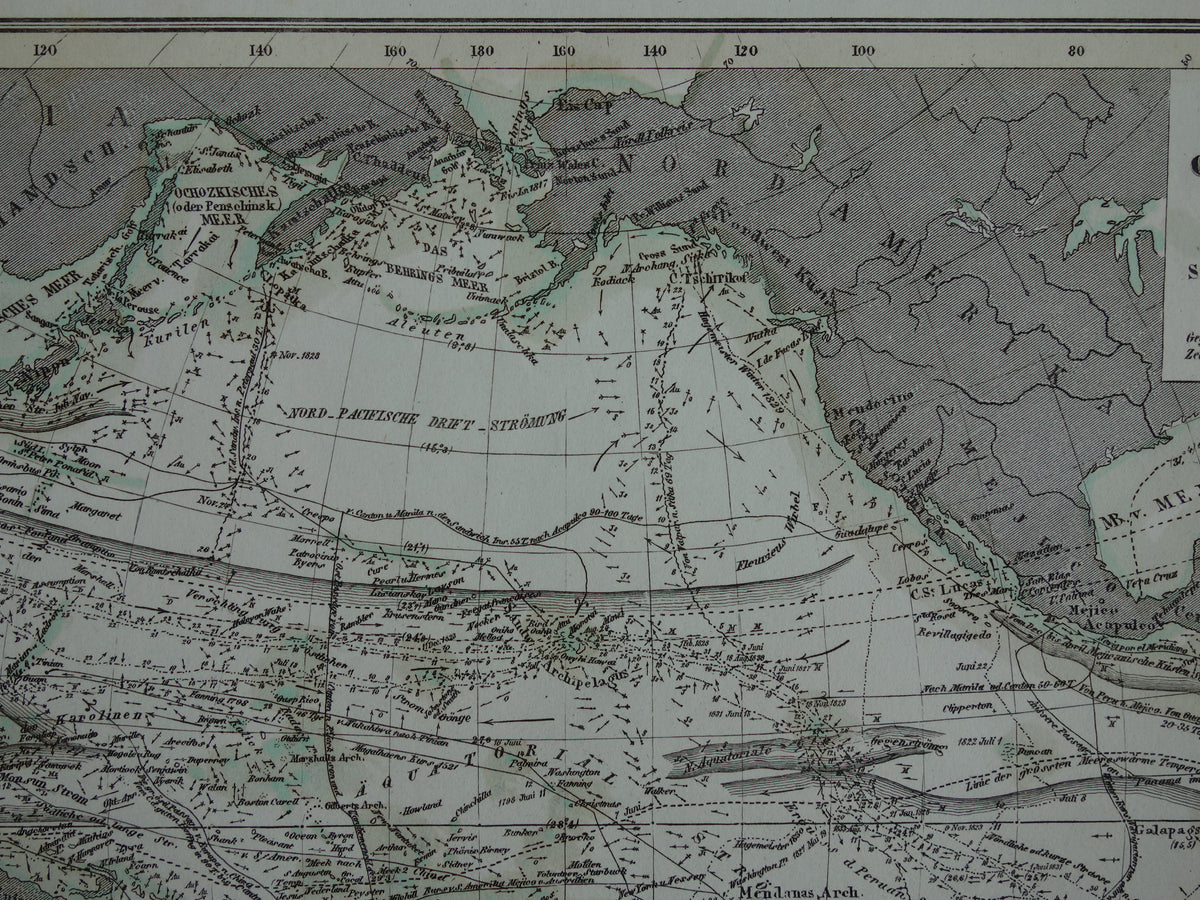 Antique Map of the Pacific Ocean Original 170+ year old antique German map nautical chart Pacific Ocean