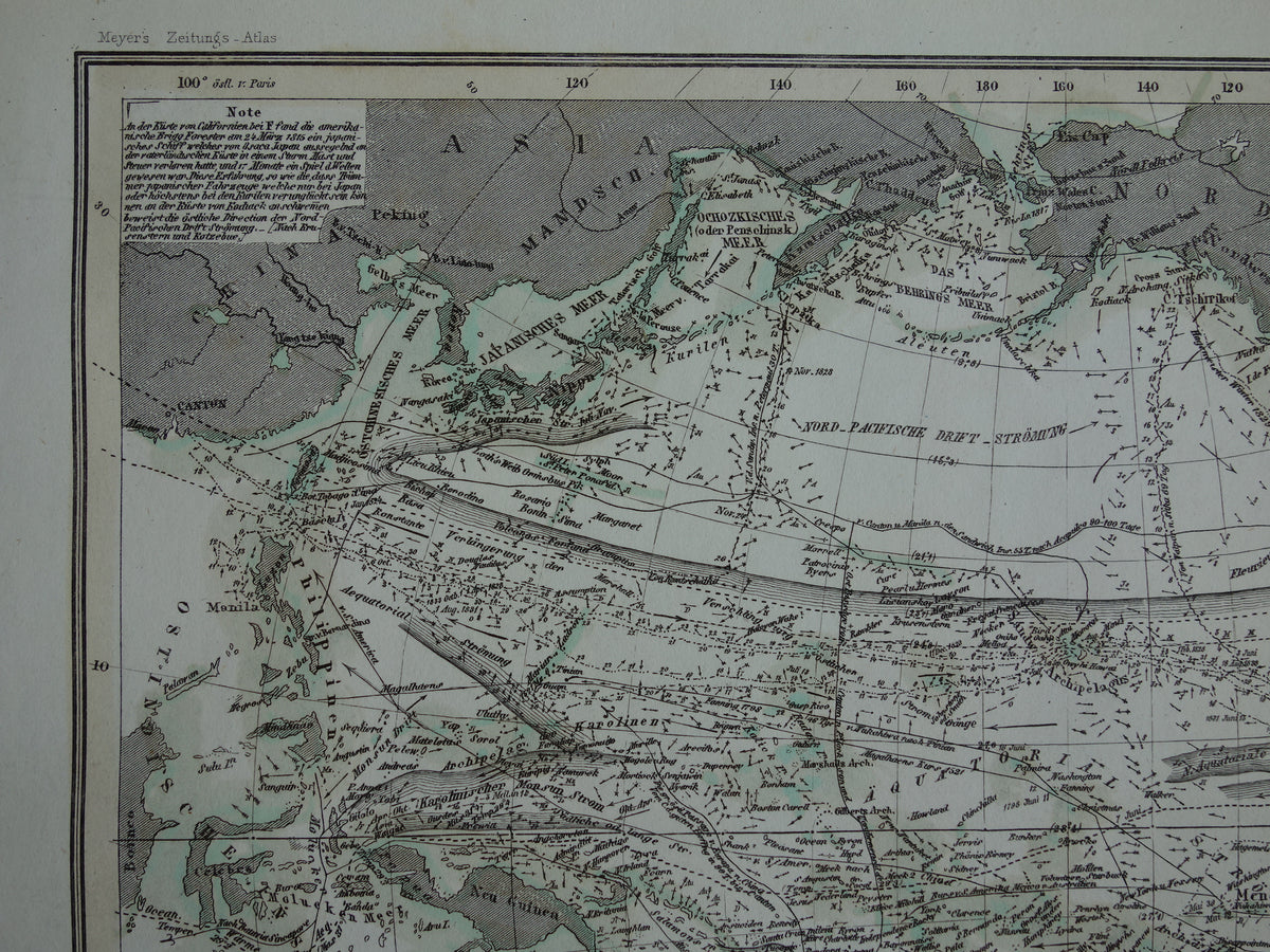 Antique Map of the Pacific Ocean Original 170+ year old antique German map nautical chart Pacific Ocean