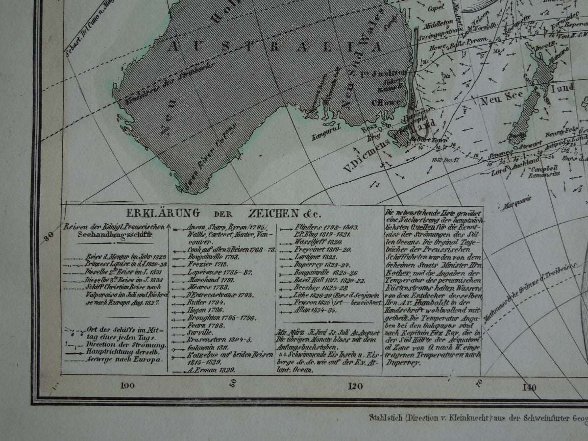 Antique Map of the Pacific Ocean Original 170+ year old antique German map nautical chart Pacific Ocean
