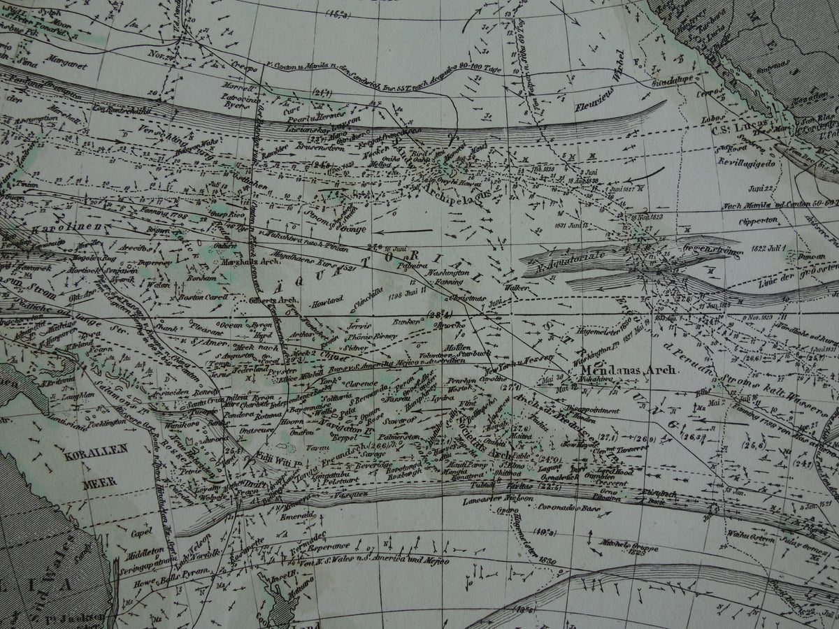 Antique Map of the Pacific Ocean Original 170+ year old antique German map nautical chart Pacific Ocean
