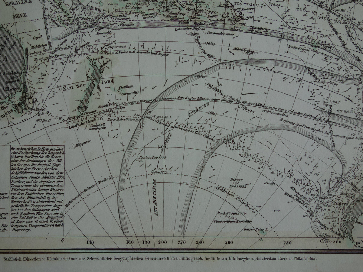 Antique Map of the Pacific Ocean Original 170+ year old antique German map nautical chart Pacific Ocean