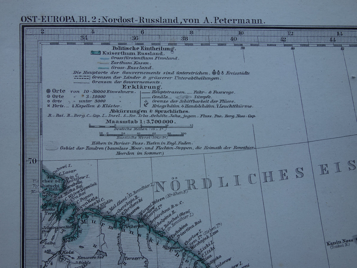 RUSLAND Oude kaart van Witte Zee Archangel uit het jaar 1876 antieke landkaart noord-Rusland oude vintage kaarten Barentszzee