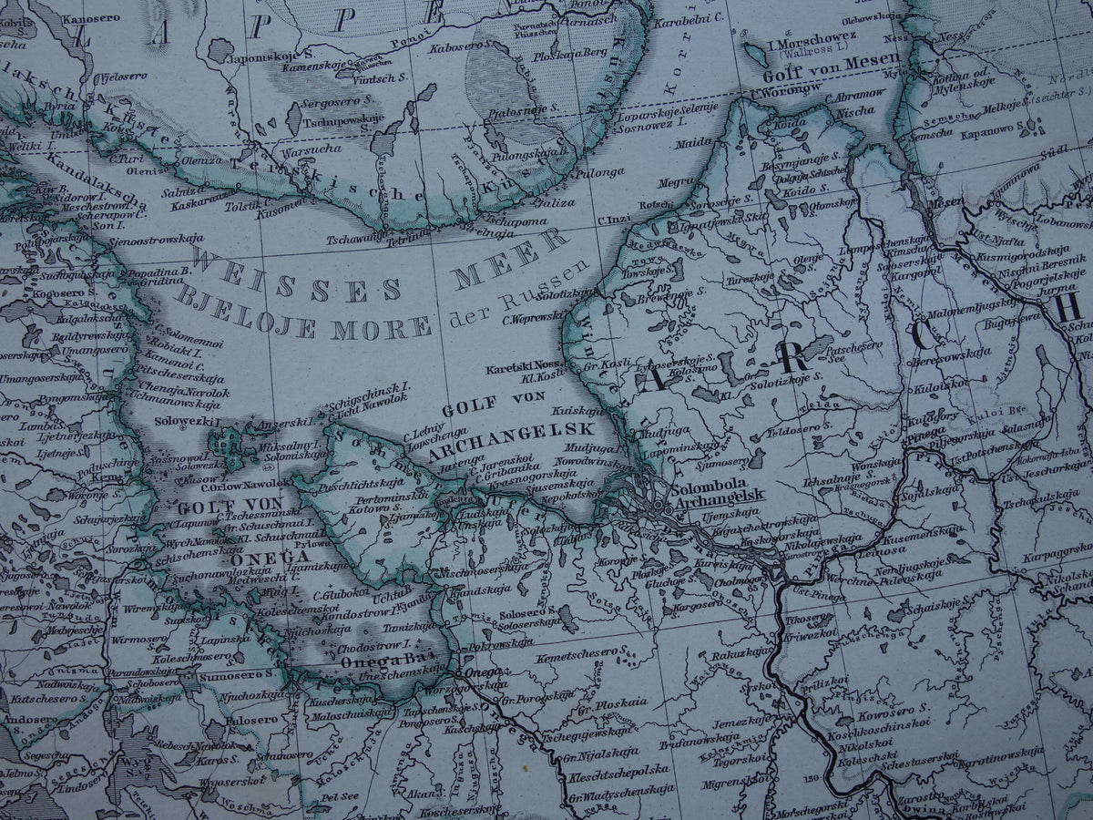 RUSLAND Oude kaart van Witte Zee Archangel uit het jaar 1876 antieke landkaart noord-Rusland oude vintage kaarten Barentszzee