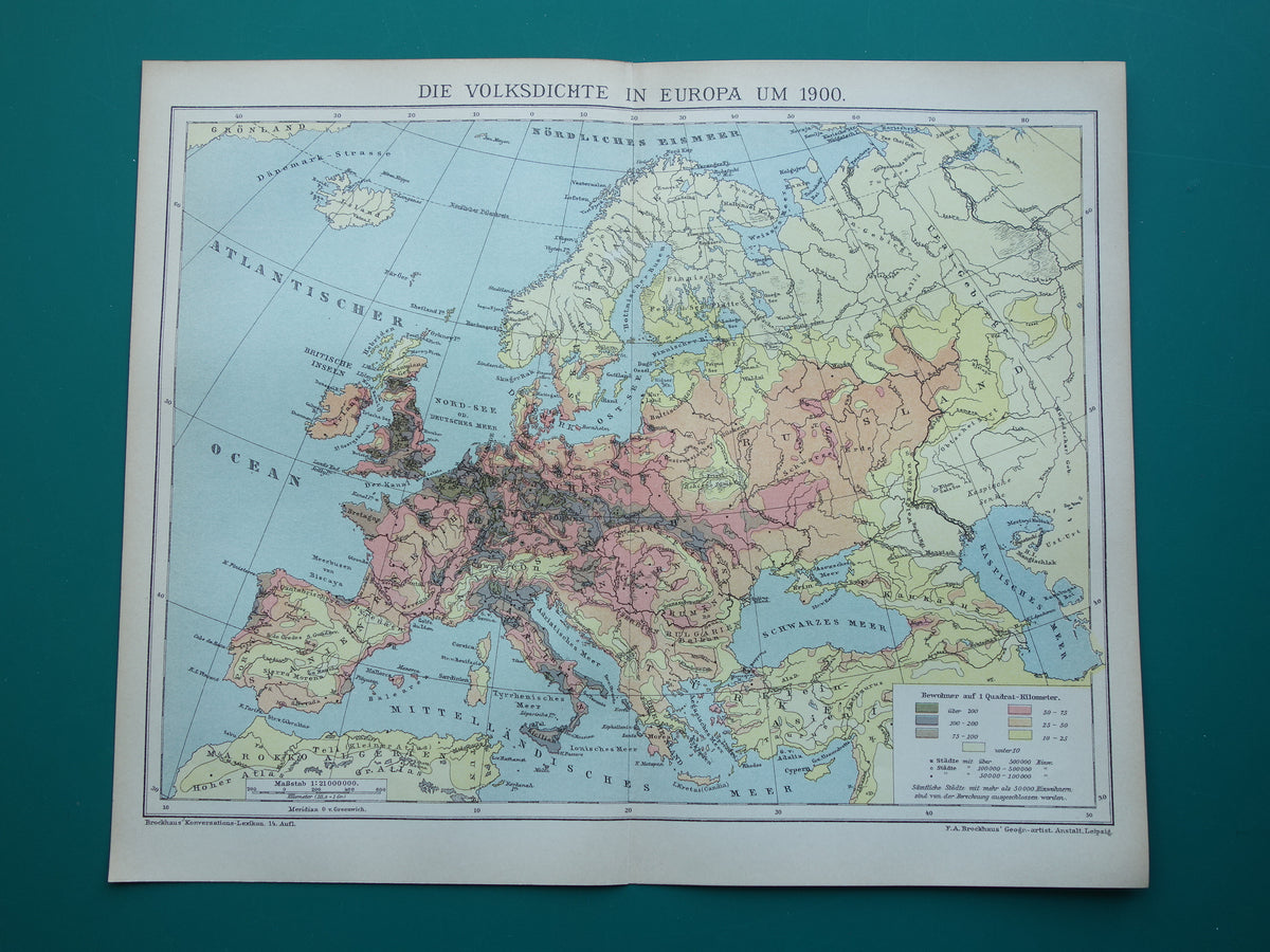 Oude kaart Bevolkingsdichtheid van Europa uit het jaar 1902 antieke Thematische landkaart