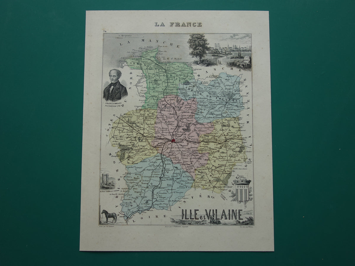 Ille et Vilaine department France old map 1870 original antique map Rennes historical maps