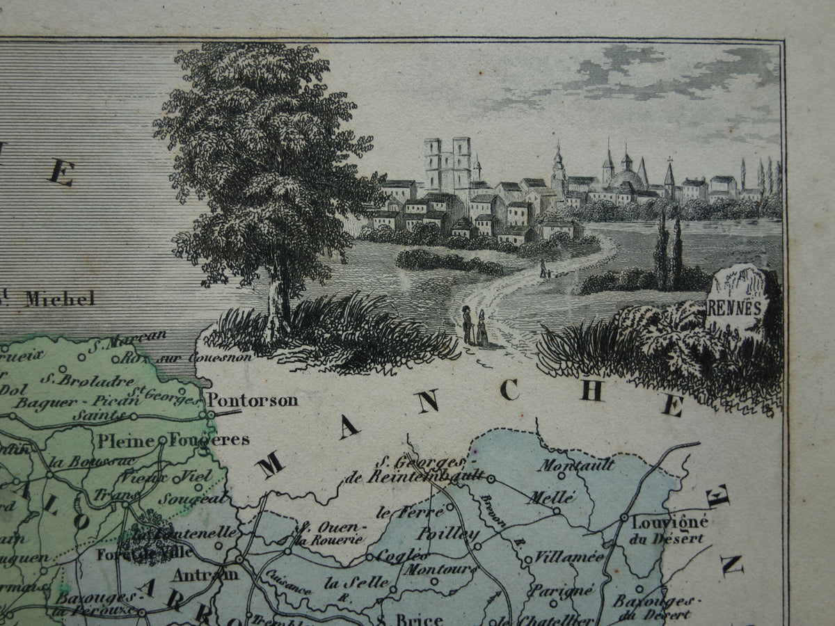 Ille et Vilaine department France old map 1870 original antique map Rennes historical maps
