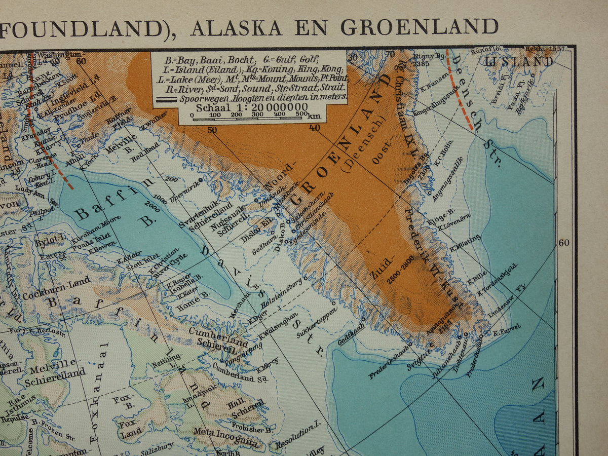 Old map of Canada Greenland and Alaska original vintage Dutch map 1930s