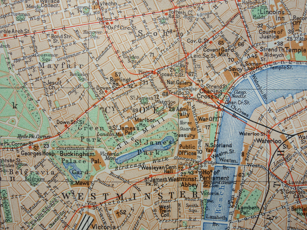 LONDON alte Karte von 1936 originale niederländische antike Karte des Zentrums von London City Westend Westminster