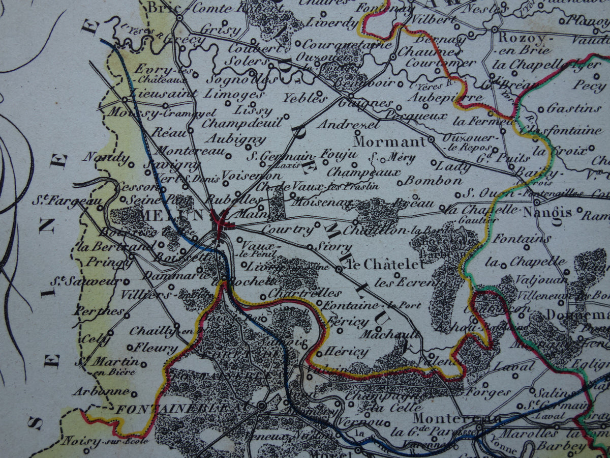 Old map Seine et Marne department in France from 1851 original antique hand-colored map Montereau
