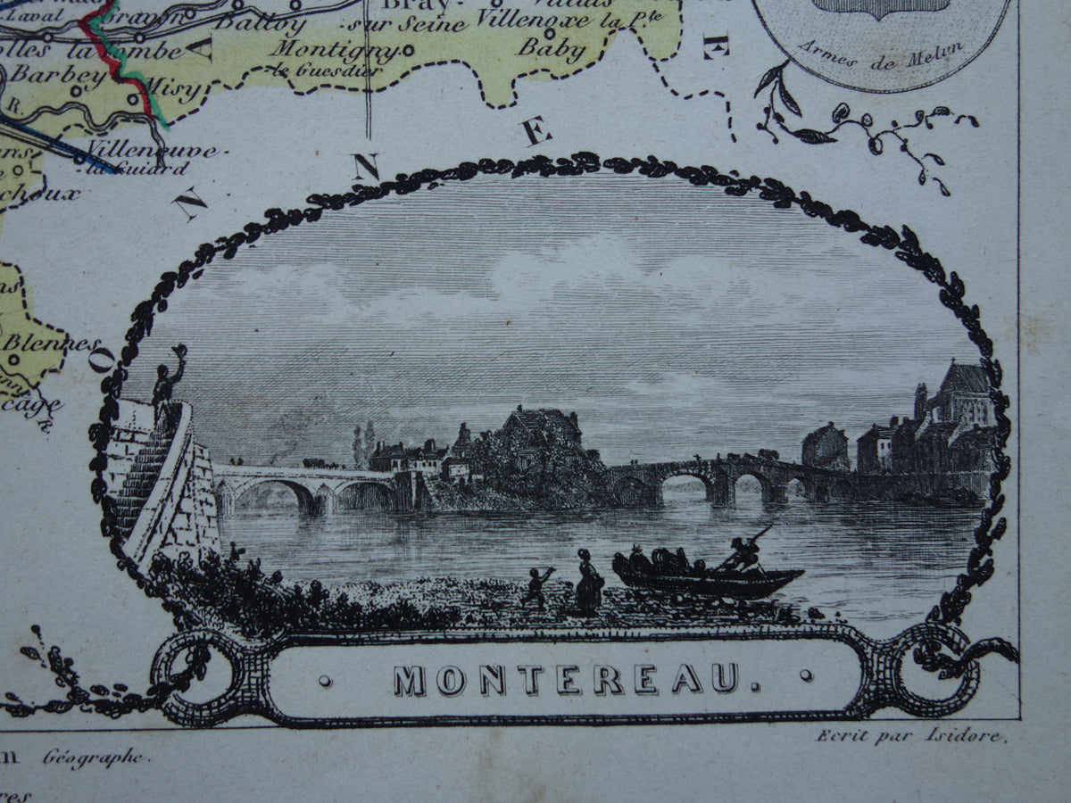 Old map Seine et Marne department in France from 1851 original antique hand-colored map Montereau