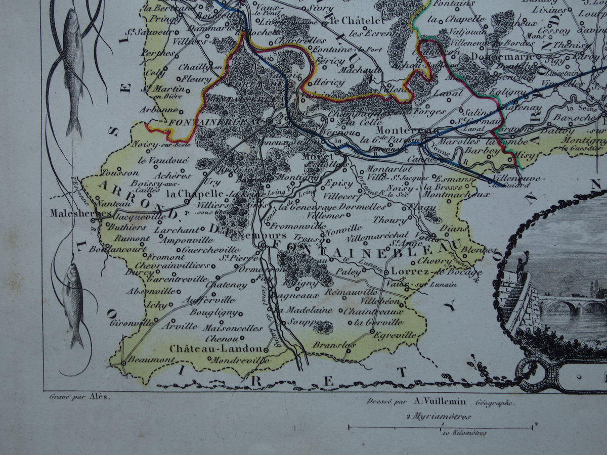Old map Seine et Marne department in France from 1851 original antique hand-colored map Montereau