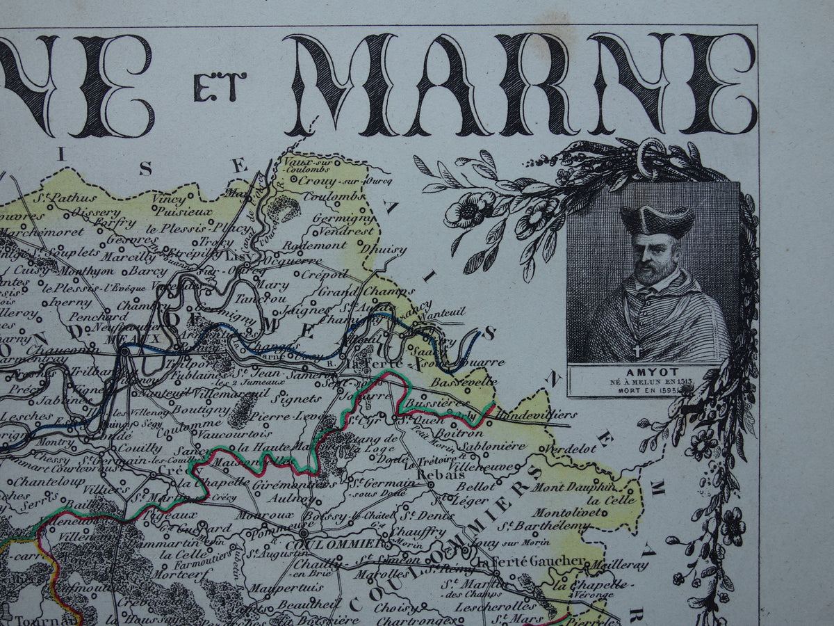 Old map Seine et Marne department in France from 1851 original antique hand-colored map Montereau
