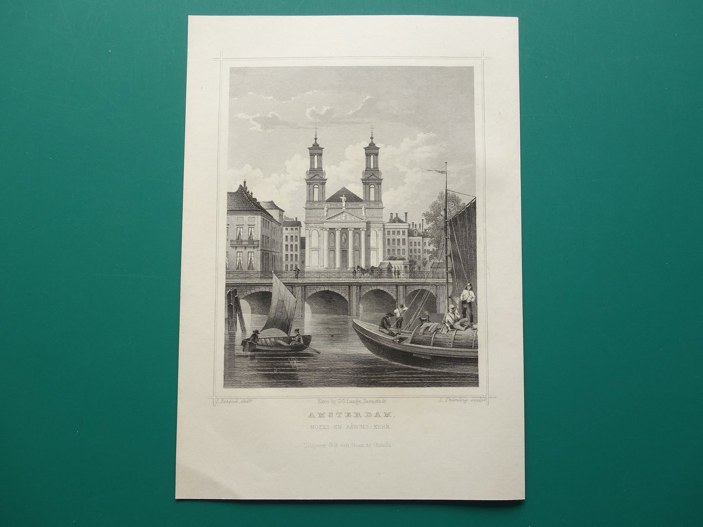 De Mozes en Aäronkerk Amsterdam Oude prent uit 1858 Originele antieke gravure Terwen Koningrijk der Nederlanden