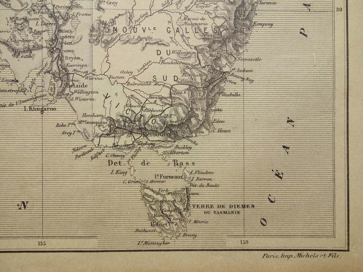 Old map of Australia from 1896 original antique French hand-colored map Australia