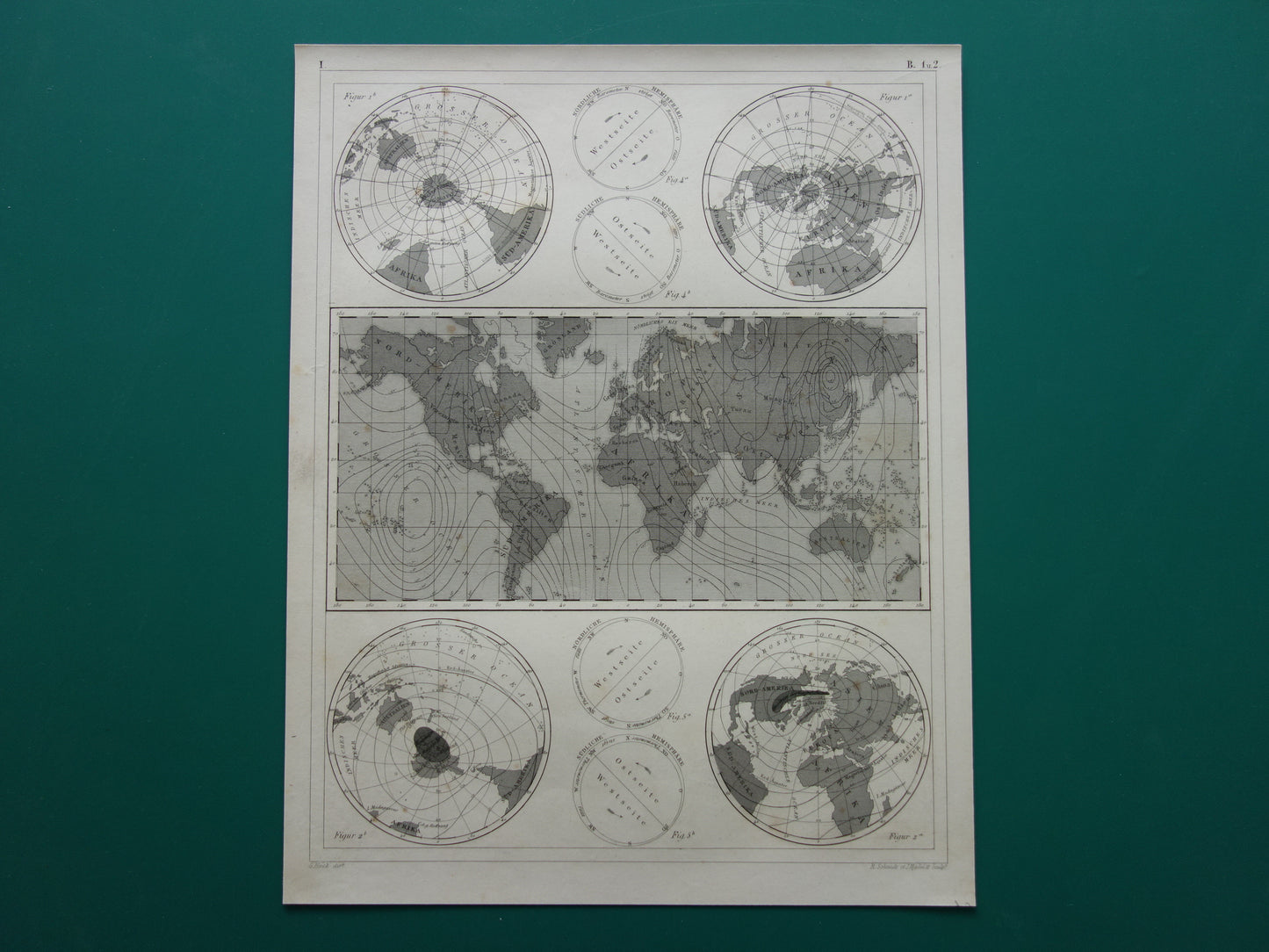Old Map of the Earth's Magnetic Field from 1849 original antique world map magnetism poles north pole south pole