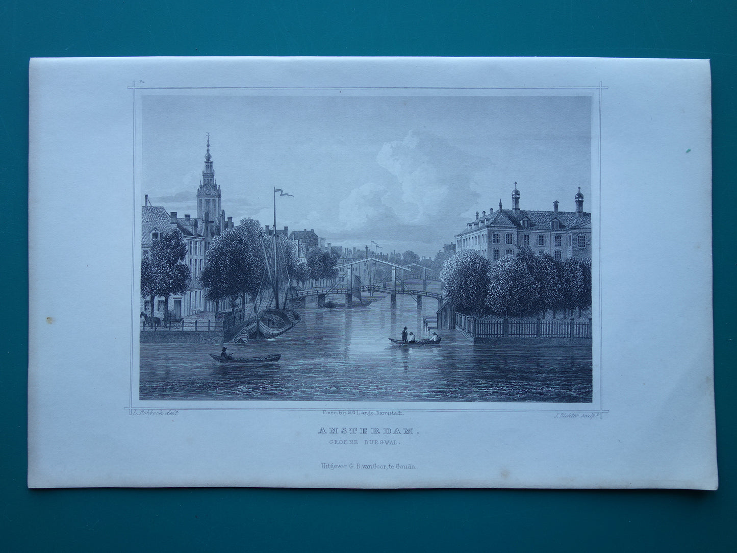 Old print Zwanenburgwal Amsterdam 1858 Original antique engraving Terwen Koningrijk der Nederlanden Groene Burgwal