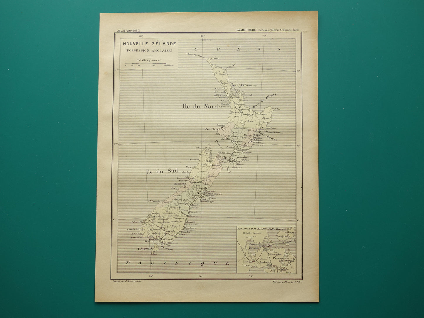 NEW ZEALAND old map from 1896 original antique French hand-coloured map New Zealand