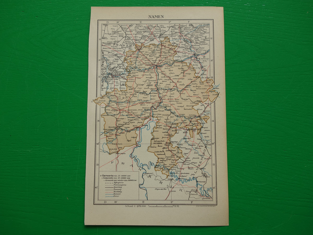 NAMES old map of province Namur Belgium from 1937 small original vintage map Namur Nameur