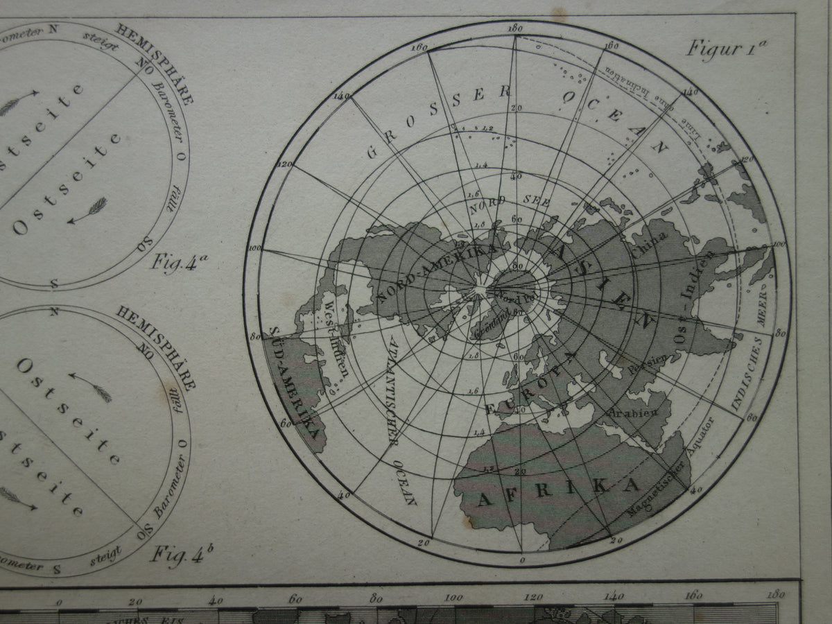 Old Map of the Earth's Magnetic Field from 1849 original antique world map magnetism poles north pole south pole