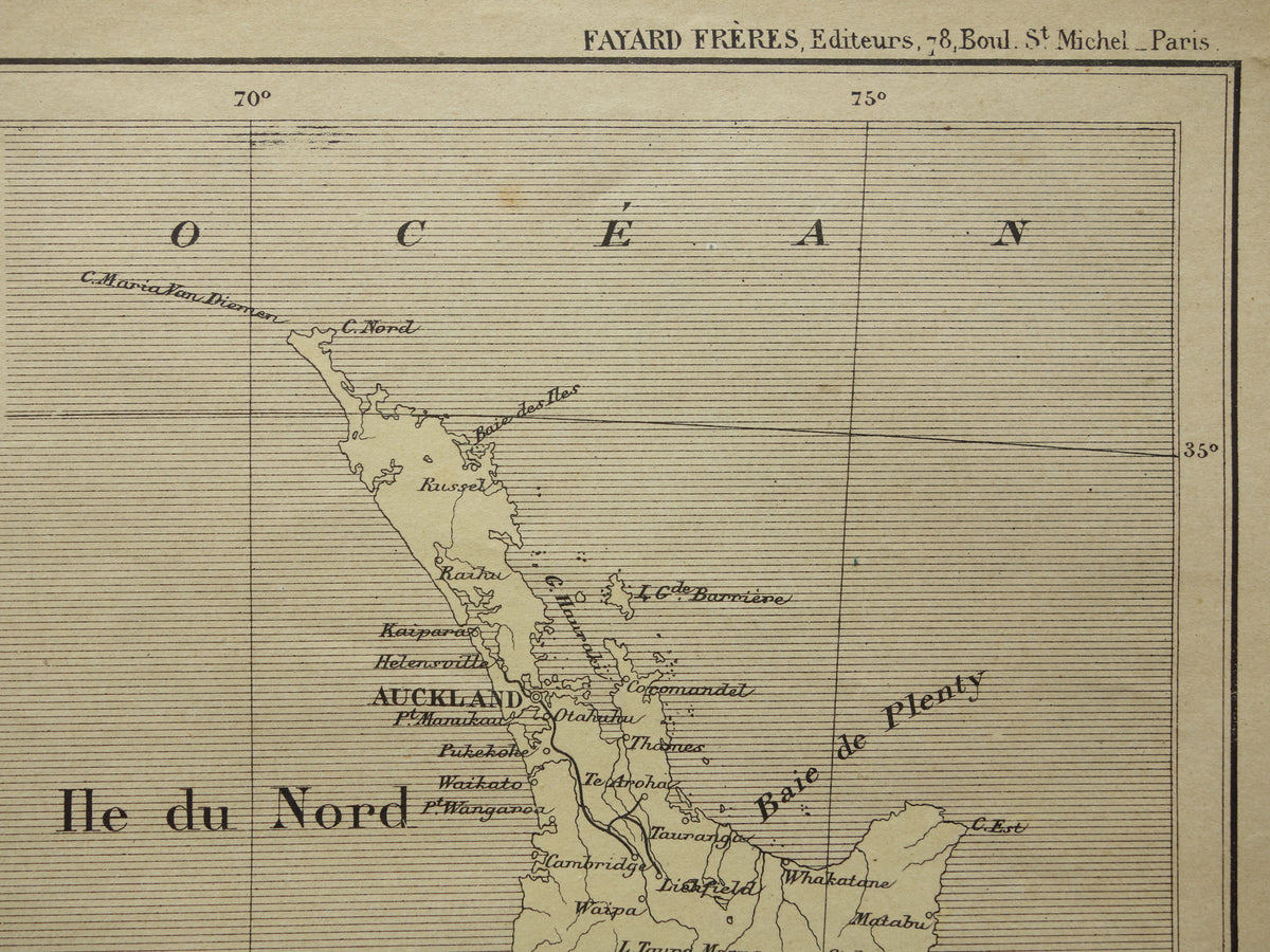 NEW ZEALAND old map from 1896 original antique French hand-coloured map New Zealand