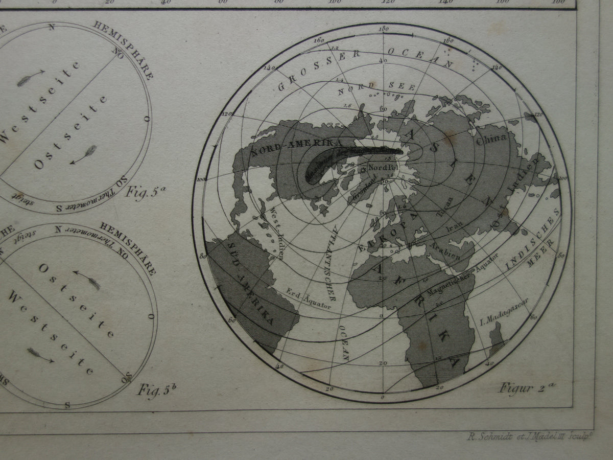Old Map of the Earth's Magnetic Field from 1849 original antique world map magnetism poles north pole south pole