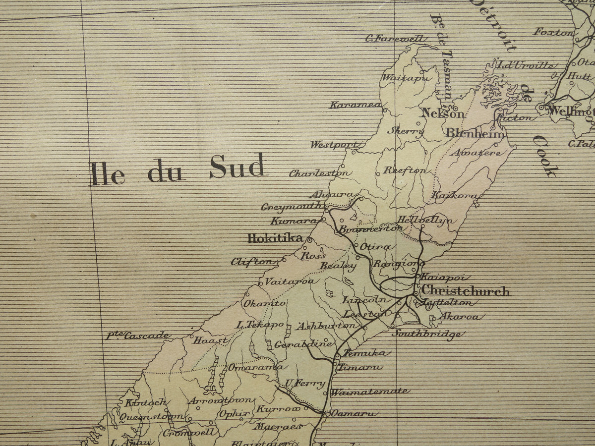NEW ZEALAND old map from 1896 original antique French hand-coloured map New Zealand