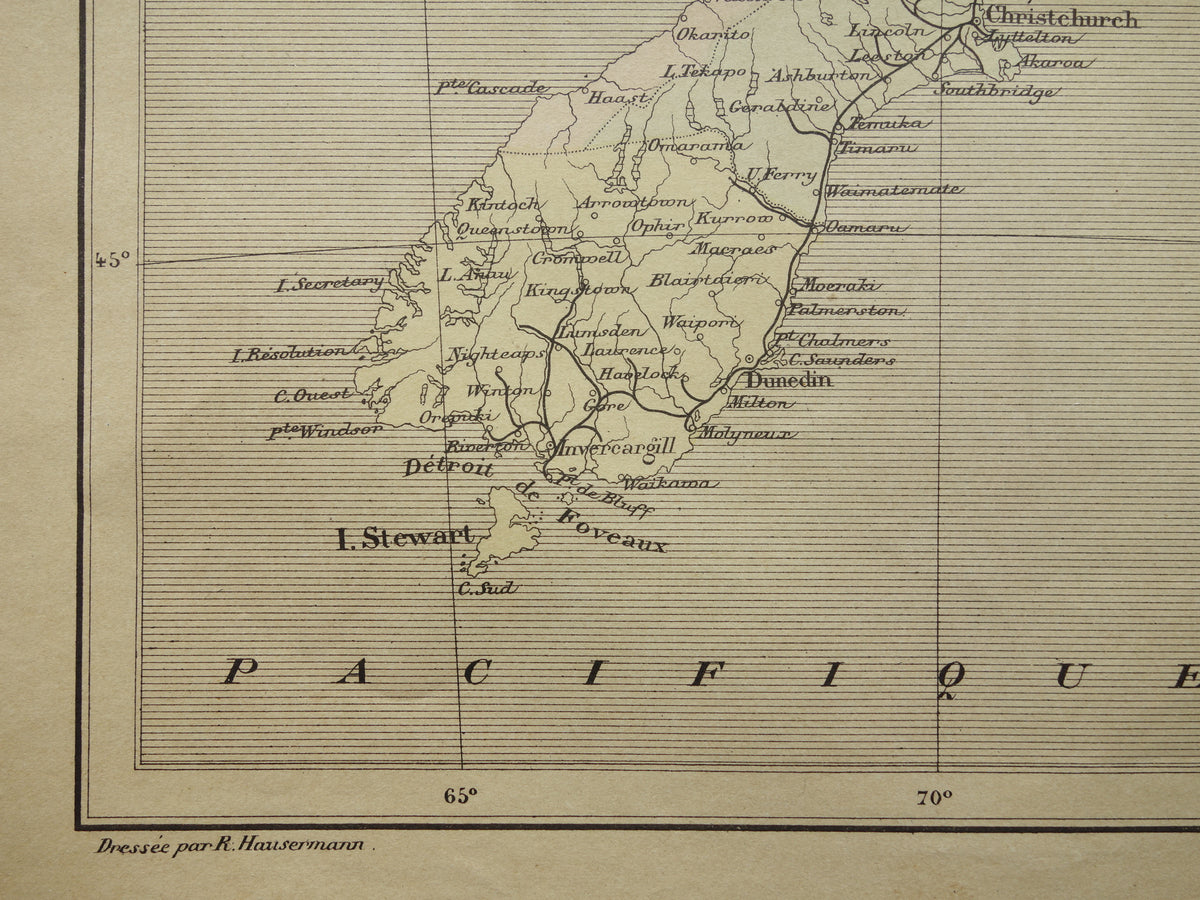 NEW ZEALAND old map from 1896 original antique French hand-coloured map New Zealand