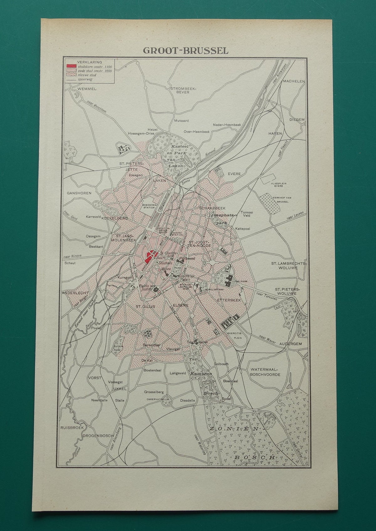 Historische kaart van Groot-Brussel België kleine originele oude plattegrond antieke landkaart