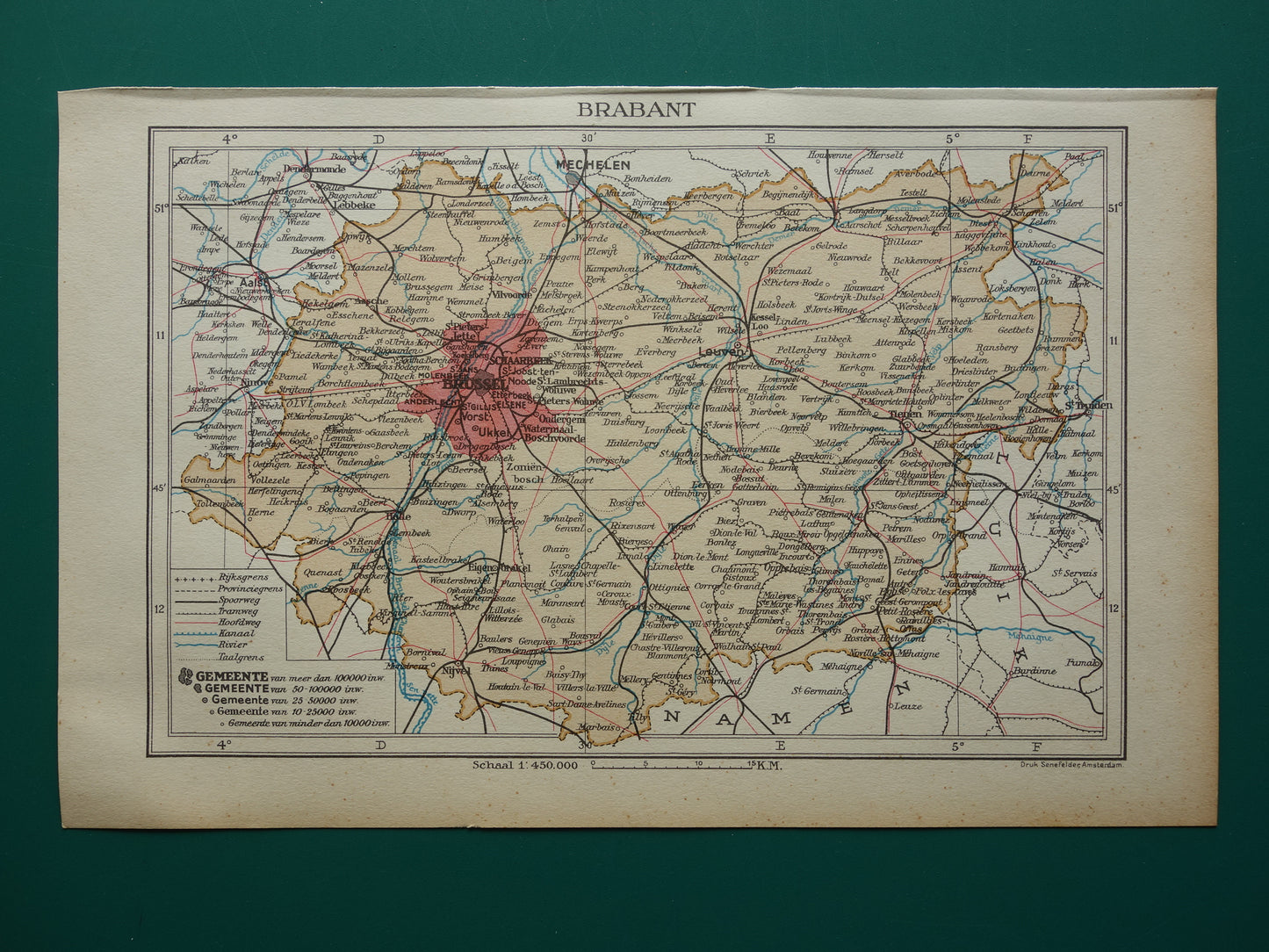 BRABANT Oude kaart van provincie Belgisch Brabant uit 1933 Originele vintage Nederlandse kaart