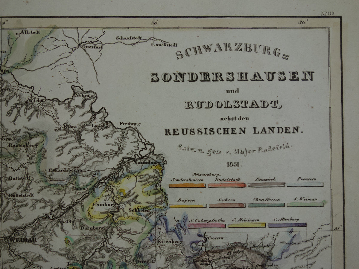 Schwarzburg-Sondershausen oude kaart Duitsland uit 1851 originele antieke landkaart Gotha Rudolstadt
