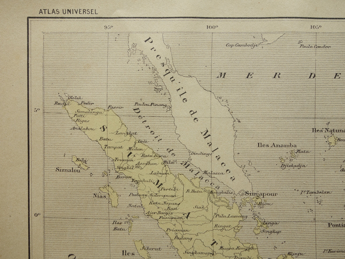 INDONESIE oude kaart van Indonesië 1896 originele antieke Franse handgekleurde landkaart Java Batavia Sumatra