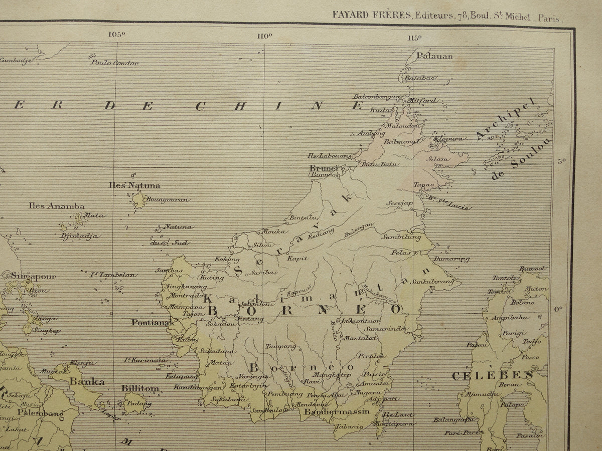 INDONESIE oude kaart van Indonesië 1896 originele antieke Franse handgekleurde landkaart Java Batavia Sumatra