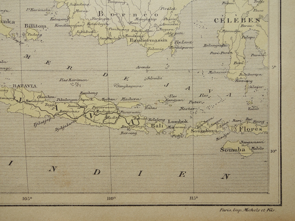 INDONESIE oude kaart van Indonesië 1896 originele antieke Franse handgekleurde landkaart Java Batavia Sumatra