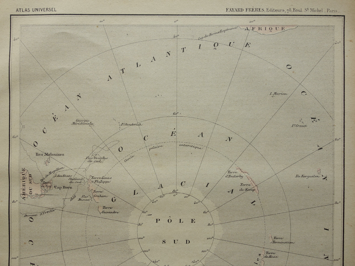 SOUTH POLE old map of Antarctica from 1896 original antique French map