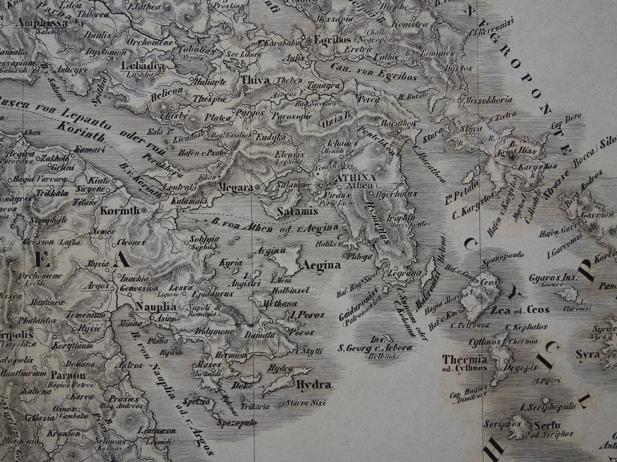 Oude landkaart van Griekenland uit 1849 historische kaart Griekenland z/w