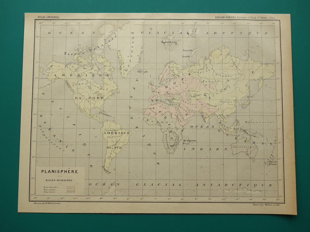 Originele oude antropologische wereldkaart over mensenrassen 1896 originele antieke Franse handgekleurde landkaart
