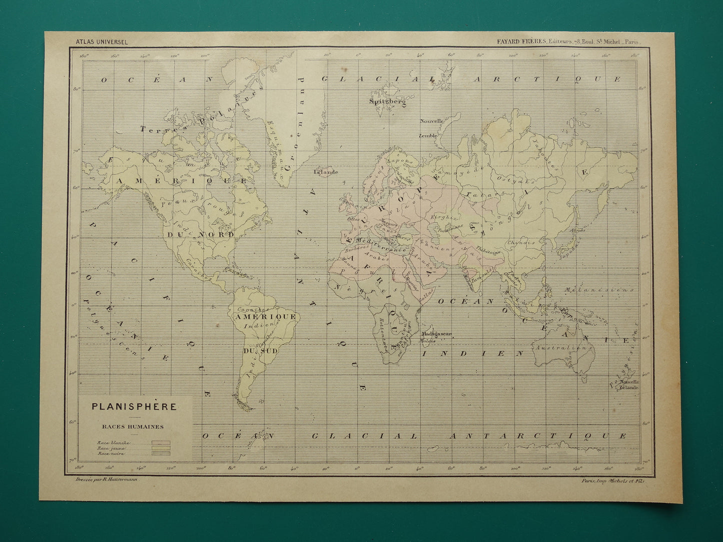 Original old anthropological world map about human races 1896 original antique French hand-colored map