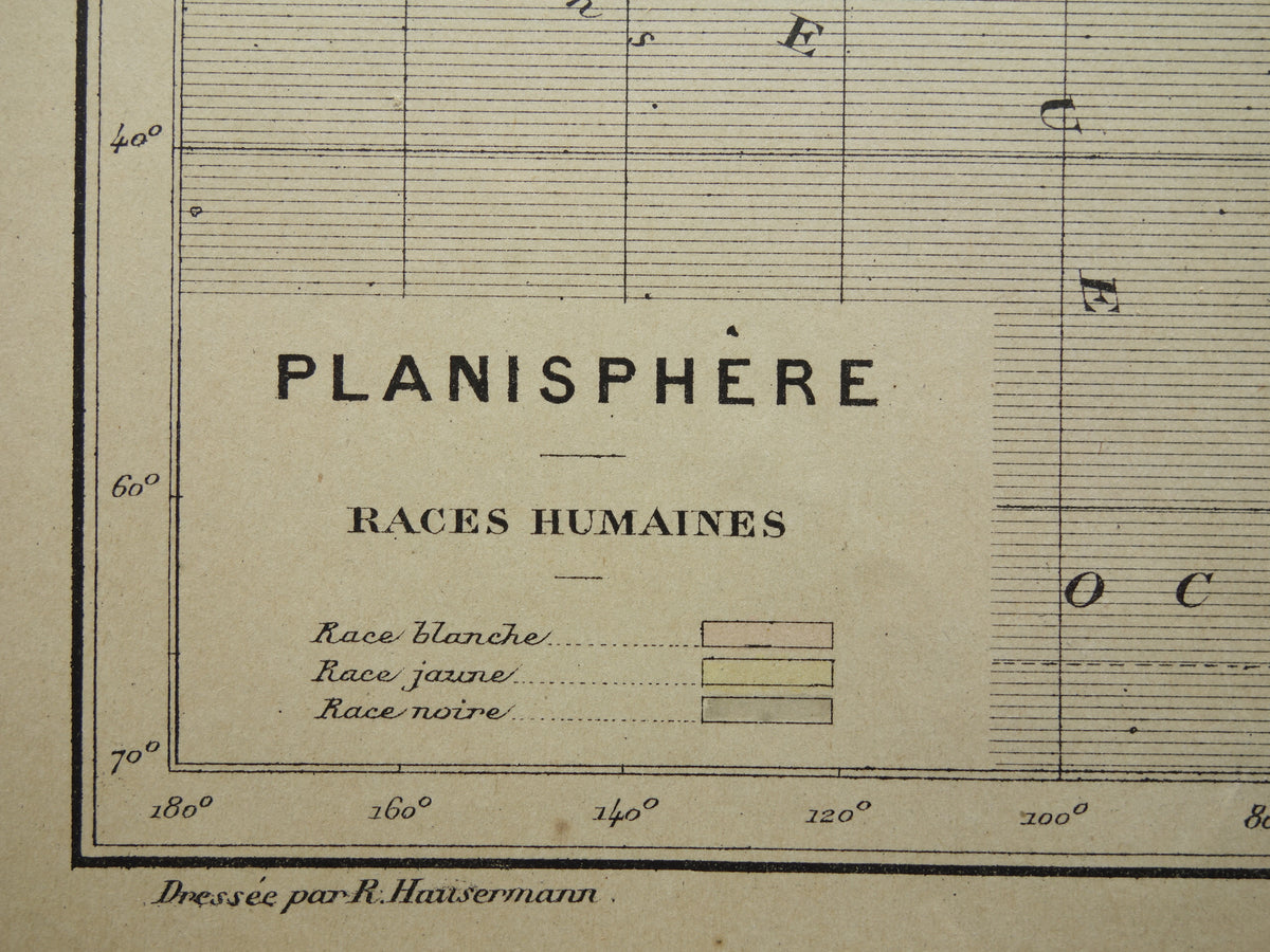 Originele oude antropologische wereldkaart over mensenrassen 1896 originele antieke Franse handgekleurde landkaart