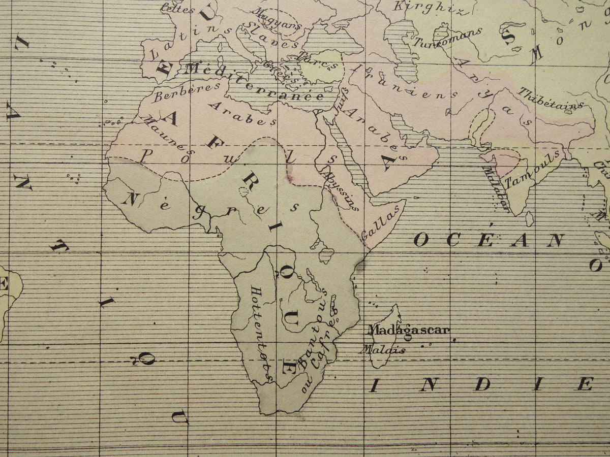 Originele oude antropologische wereldkaart over mensenrassen 1896 originele antieke Franse handgekleurde landkaart