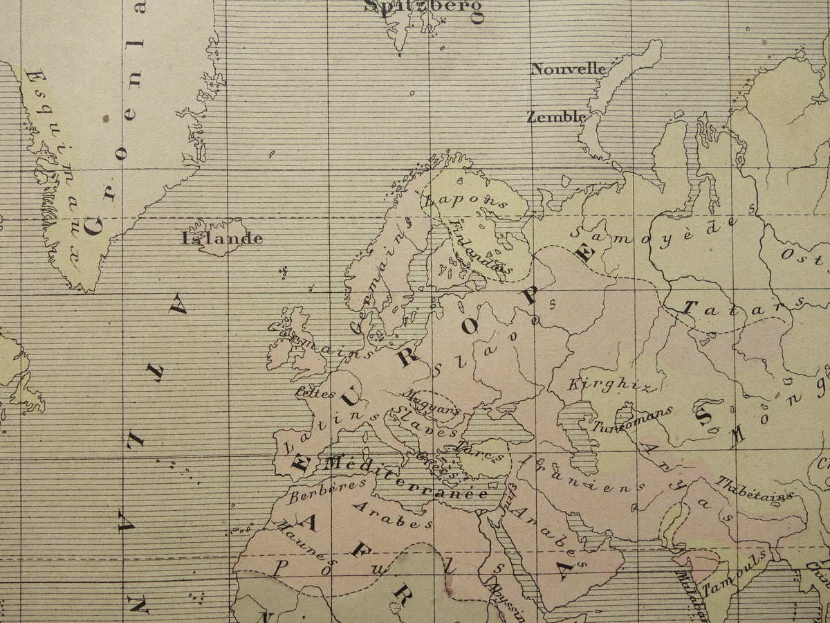 Originele oude antropologische wereldkaart over mensenrassen 1896 originele antieke Franse handgekleurde landkaart