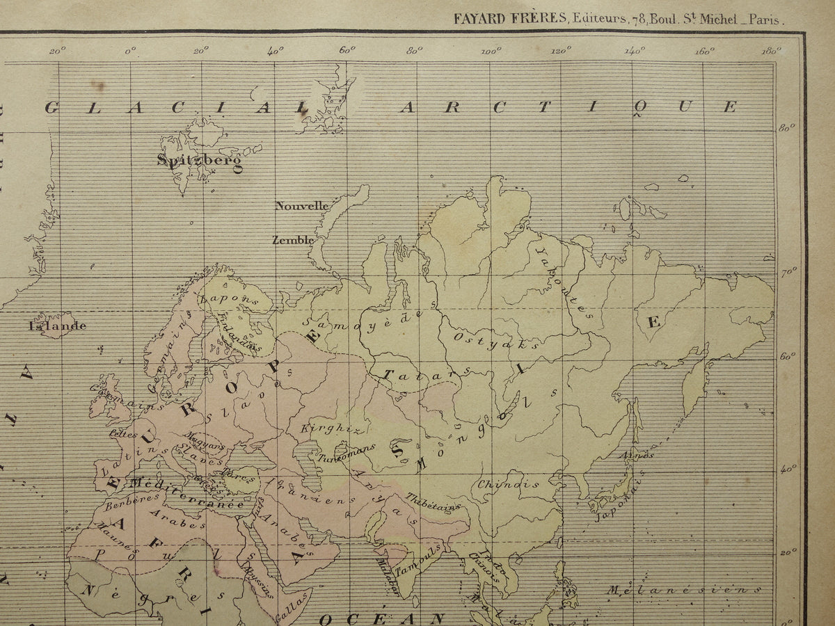 Originele oude antropologische wereldkaart over mensenrassen 1896 originele antieke Franse handgekleurde landkaart