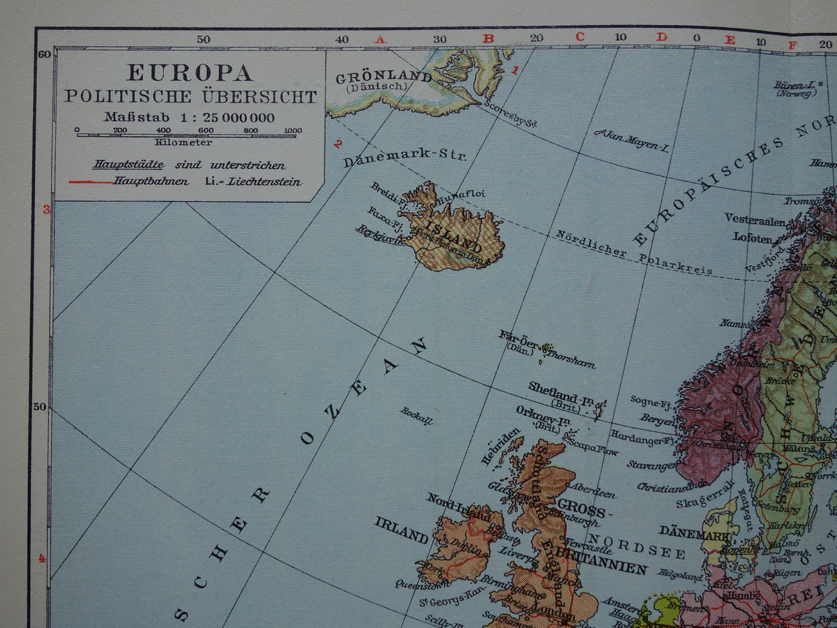 EUROPA Vintage landkaart van Europa uit 1928 set van 2 originele oude kaarten Europa hoogtekaart en politieke kaart