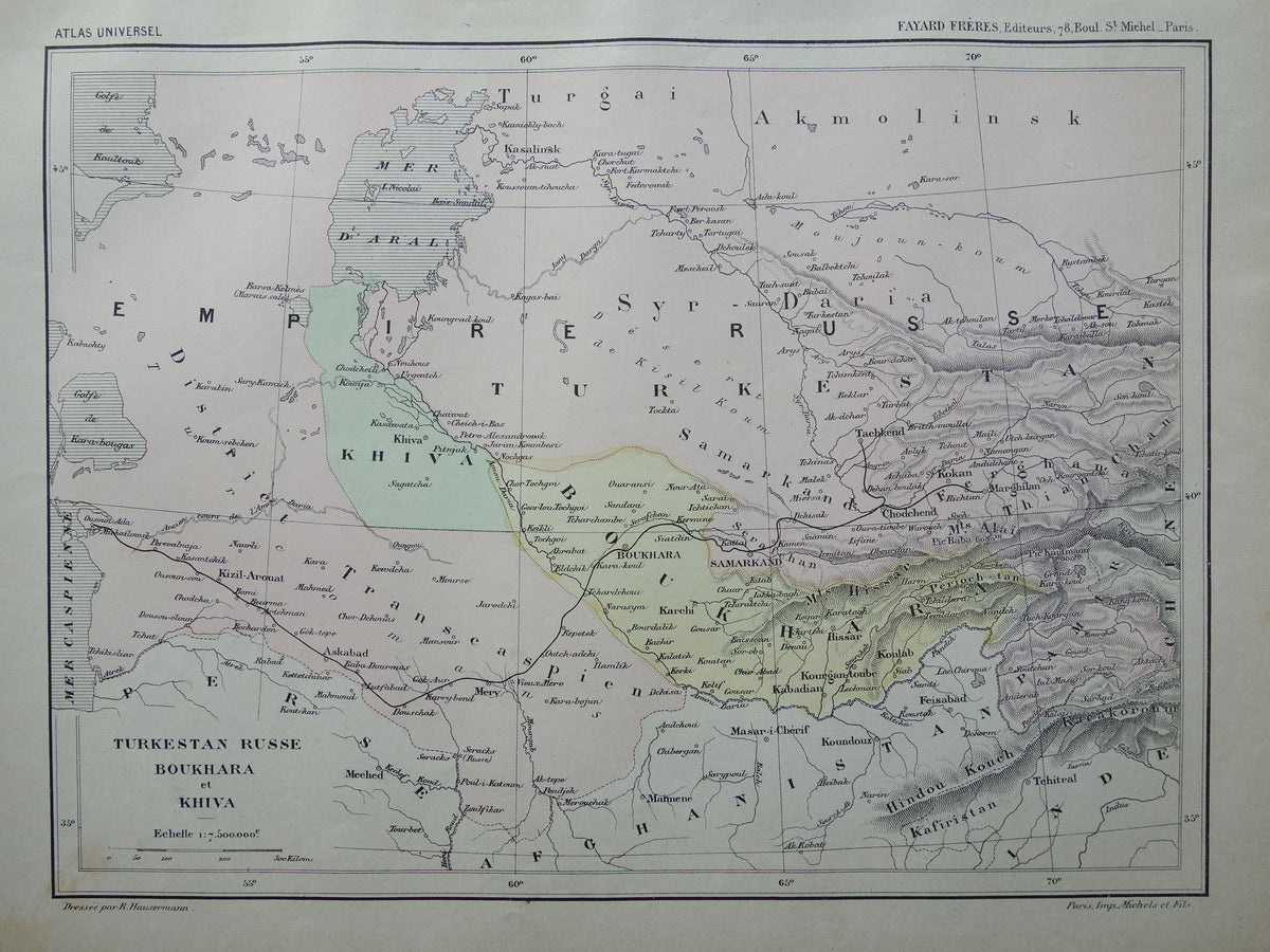 Oude kaart van Aralmeer Kazachstan Oezbekistan uit 1896 originele Franse antieke landkaart Aralmeer