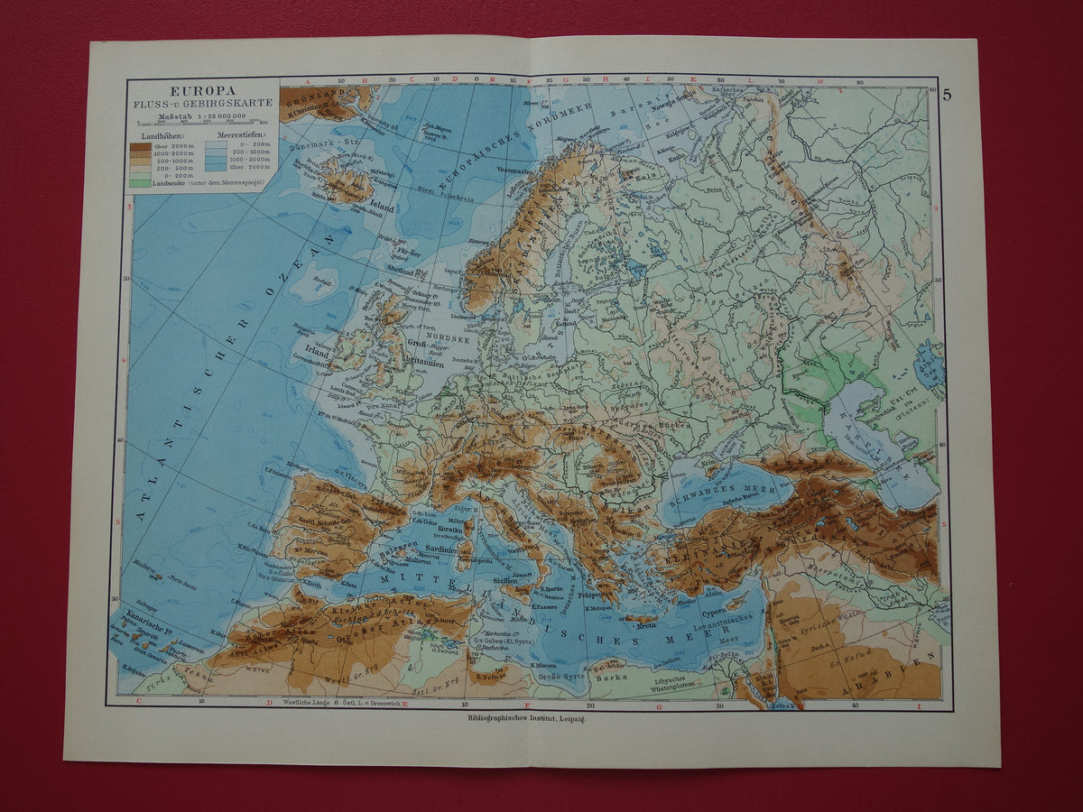 EUROPA Vintage landkaart van Europa uit 1928 set van 2 originele oude kaarten Europa hoogtekaart en politieke kaart