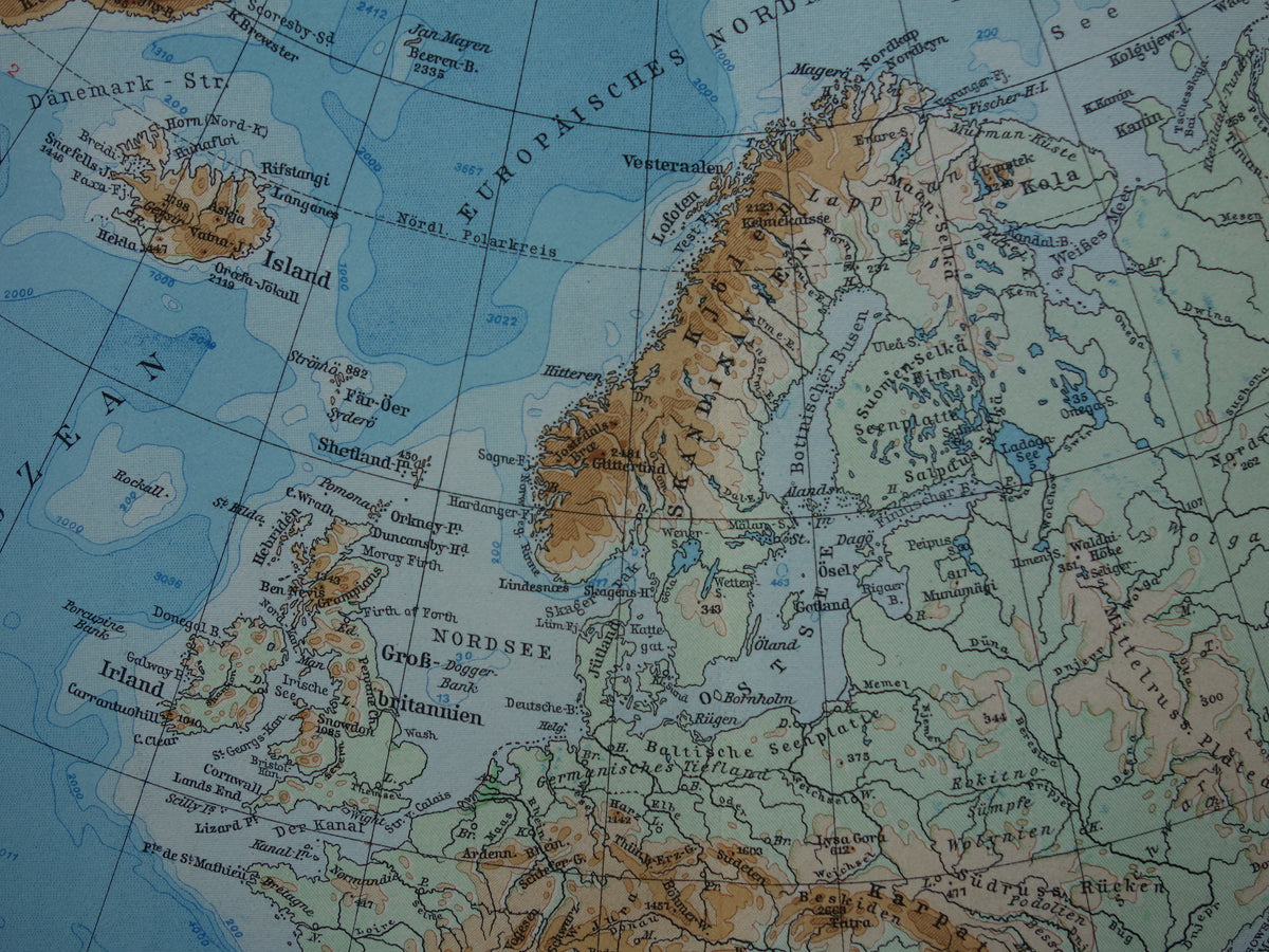 EUROPA Vintage landkaart van Europa uit 1928 set van 2 originele oude kaarten Europa hoogtekaart en politieke kaart